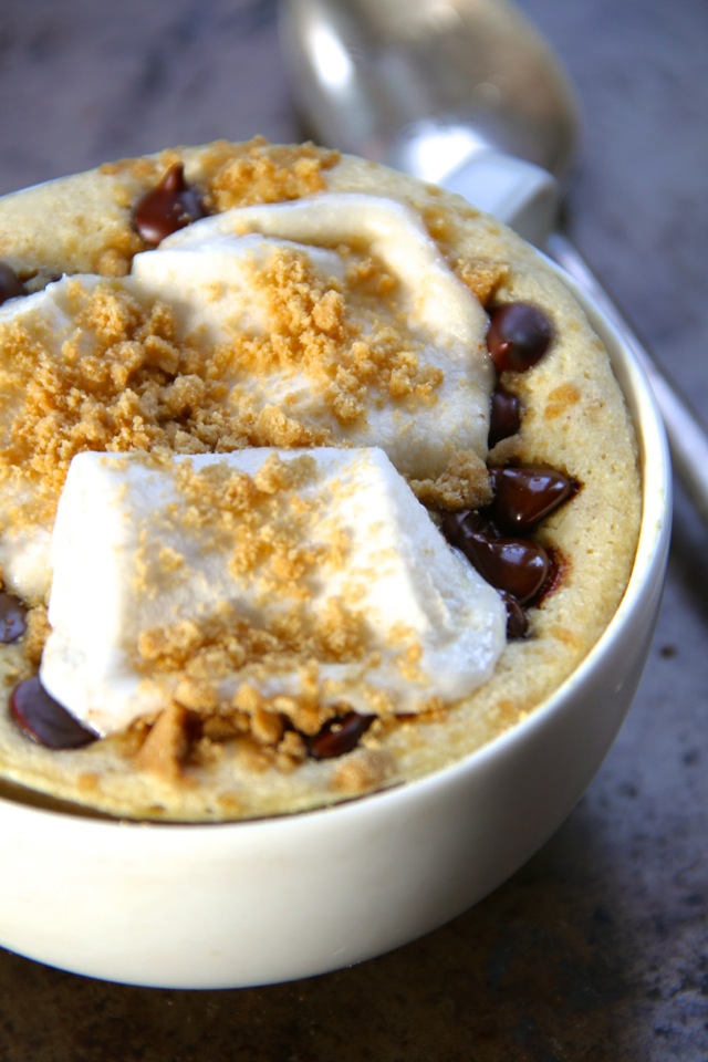 S'mores Mug Cake -- No campfire? no problem! Satisfy your s'mores craving with this soft and doughy campfire-free mug cake. Quick, easy, and made without butter or oil, it makes a perfect single-serve snack! || runningwithspoons.com #s'mores #mugcake #snack