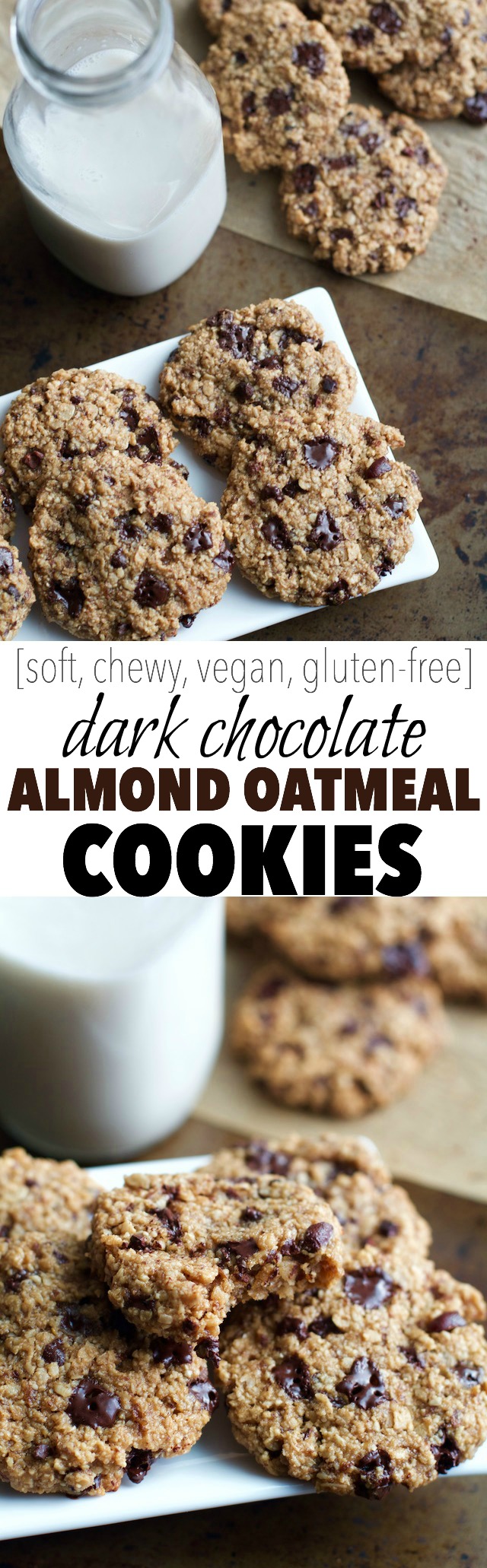 Dark Chocolate Almond Oatmeal Cookies -- a deliciously chocolatey cookie made without flour, butter, or eggs, but so soft and chewy that you'd never be able to tell! || runningwithspoons.com #vegan #glutenfree #healthy #recipe