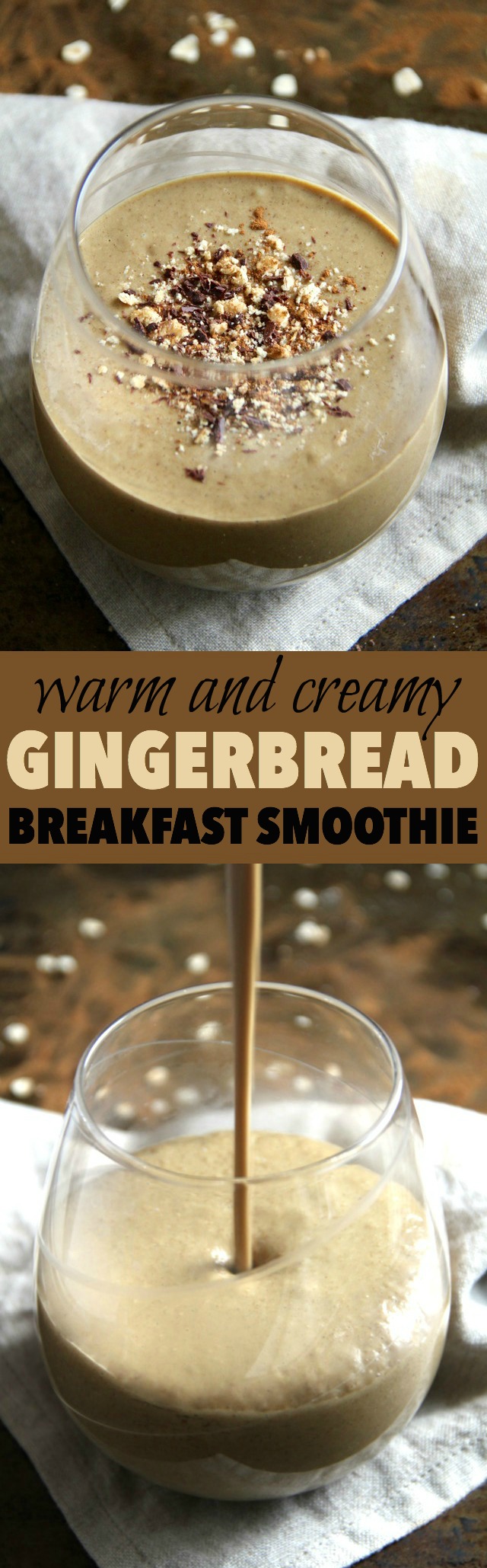 This Warm Gingerbread Breakfast Smoothie is heated on the stovetop post-blending to create a creamy and comforting drink that's packed with fibre, minerals, and plant based protein -- the perfect healthy and delicious breakfast or snack! || runningwithspoons.com #breakfast #smoothie #gingerbread #vegan