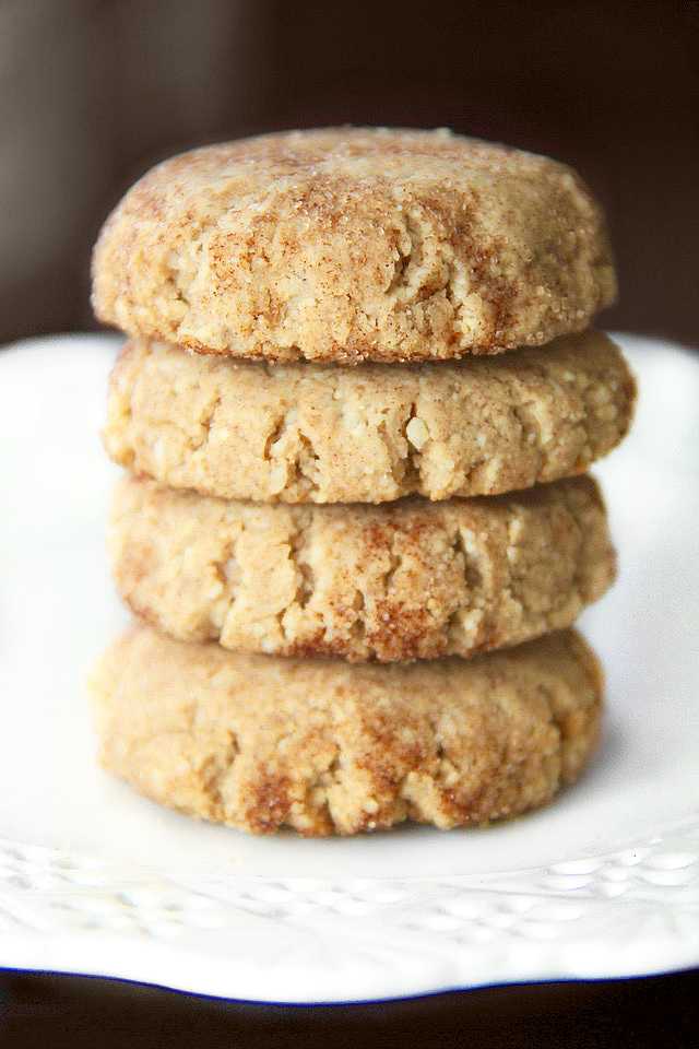 These Grain Free Snickerdoodles have the same soft texture and buttery cinnamon sugar taste of a classic snickerdoodle, but are made without flour, butter, eggs, or refined sugar! | runningwiithspoons.com #vegan #paleo #cookies