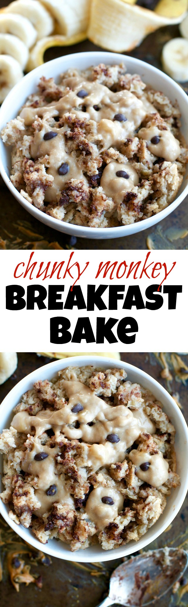 This healthy Chunky Monkey Breakfast bake combines the light and fluffy texture of a muffin with the hearty staying power of baked oats! PERFECT for anyone who loves eating dessert for breakfast! | runningwithspoons.com #vegan #breakfast #healthy