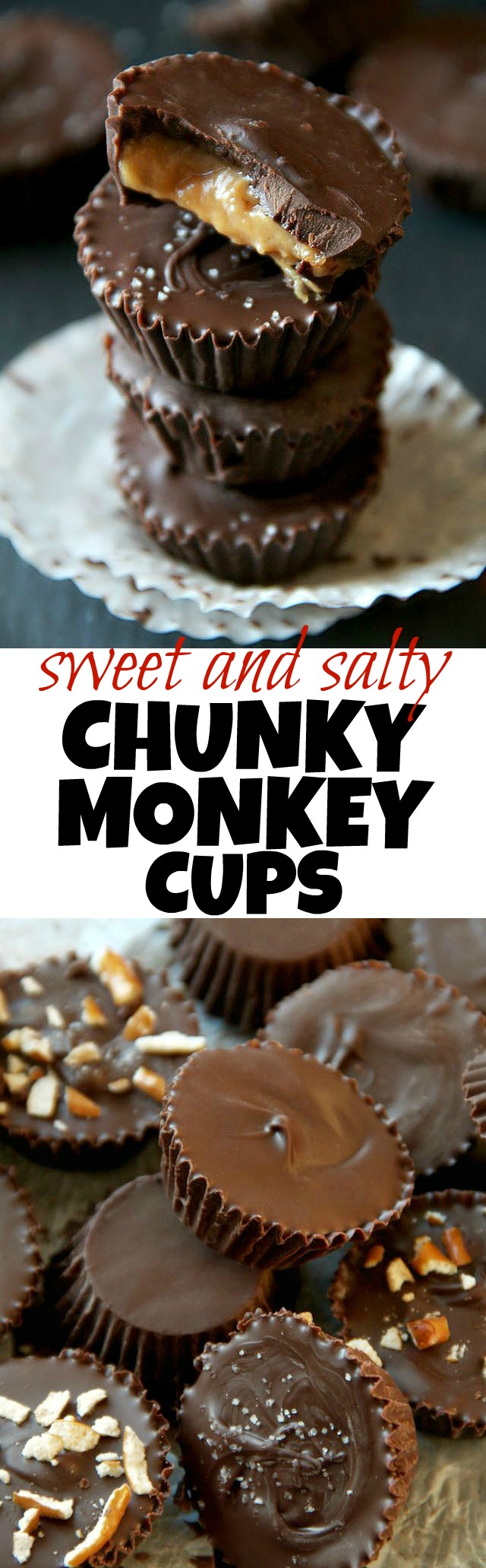 You'll go bananas for these sweet and salty Chunky Monkey Cups! Just 5 simple ingredients for one ridiculously delicious chocolate treat! | runningwithspoons.com #vegan #healthy #dessert