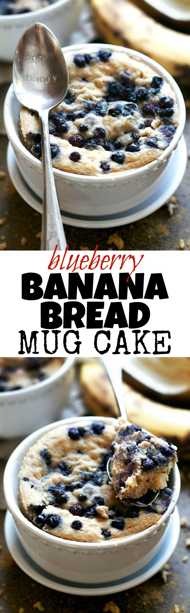 Satisfy your banana bread cravings in less than 5 minutes with this healthy Blueberry Banana Bread Mug Cake! It's made without flour, butter, or oil, but so light and fluffy that you'd never be able to tell! | runningwithspoons.com #glutenfree #grainfree #paleo #recipe