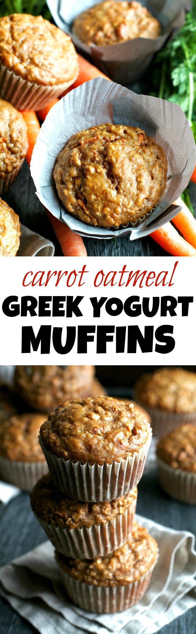 You won't find any butter or oil in these ridiculously soft and tender Carrot Oatmeal Greek Yogurt Muffins! What you will find is plenty of naturally sweetened, carrot-y goodness in each bite! | runningwithspoons.com #healthy #muffins #breakfast #snack