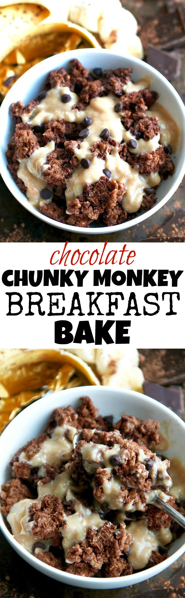 This healthy Chocolate Chunky Monkey Breakfast bake combines the light and fluffy texture of a muffin with the hearty staying power of baked oats! PERFECT for anyone who loves eating dessert for breakfast! | runningwithspoons.com #vegan #breakfast #healthy #recipe