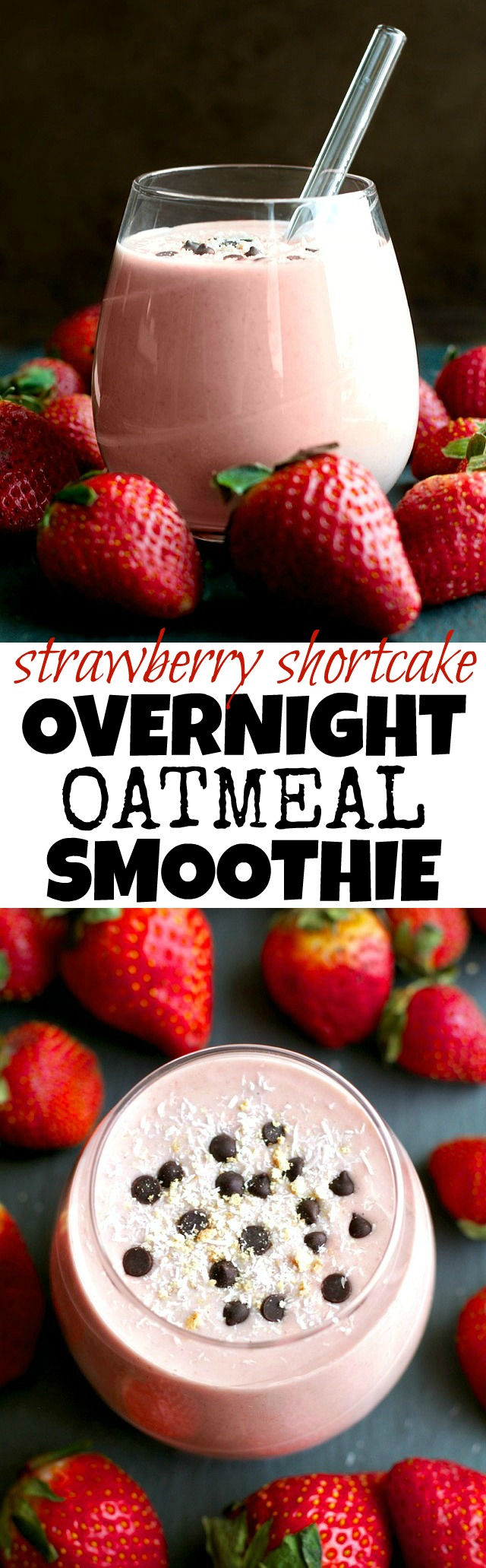 You've never had oatmeal like this before! This thick and creamy Strawberry Shortcake Overnight Oatmeal Smoothie combines that stick-to-your-ribs feeling of a bowl of oats with the silky smooth texture of a smoothie! | runningwithspoons.com #vegan #glutenfree #SilkUnsweetened #ad