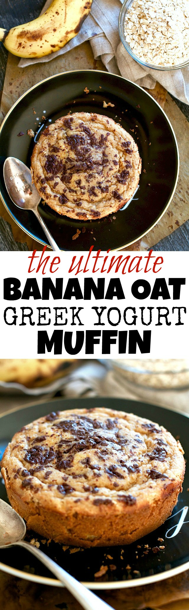 Enjoy a healthy muffin the size of your face with this Ultimate Banana Oat Greek Yogurt Muffin! It's made without any flour or oil, but so soft and tender that you'd never guess it! The perfect gluten-free breakfast or snack! | runningwithspoons.com #healthy #muffin #breakfast #recipe