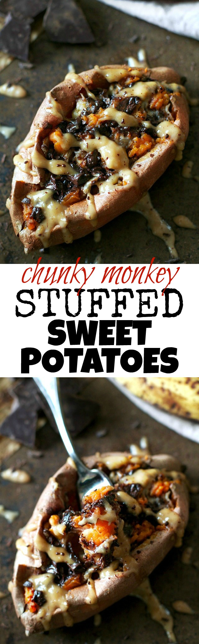 These Chunky Monkey Stuffed Sweet Potatoes are loaded with gooey caramelized bananas and melted dark chocolate before being topped with a creamy banana nut sauce. An irresistibly delicious gluten free and vegan treat! | runningwithspoons.com #recipe #healthy #sweetpotatoes #vegan