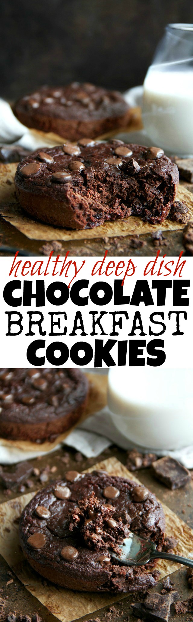 Ooey, gooey, soft, and chewy! These Deep Dish Double Chocolate Breakfast Cookies are the epitome of dessert for breakfast. Chocolatey and decadent, but made with healthy and wholesome ingredients | runningwithspoons.com #vegan #glutenfree #recipe