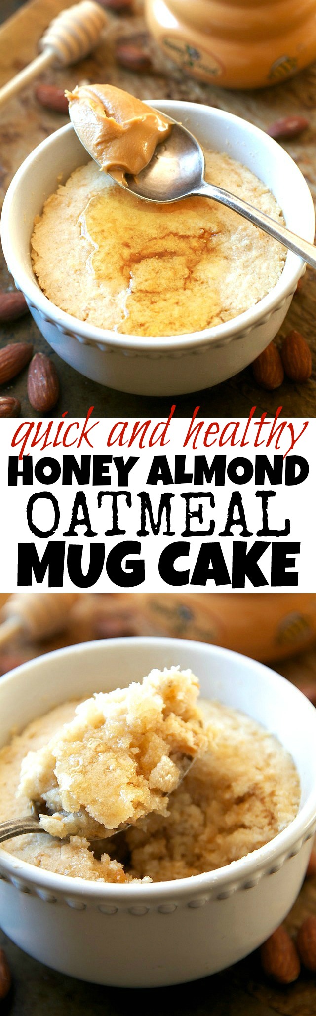 This healthy Honey Almond Oatmeal Mug Cake is made with NO flour, butter, or oil, but so soft and fluffy that you'd never be able to tell! | runningwithspoons.com #recipe #glutenfree #dessert