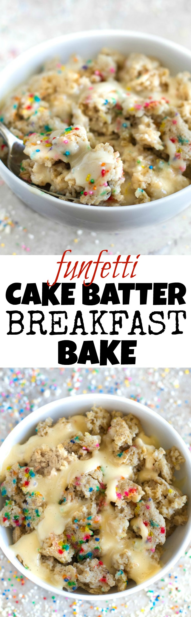 FUN and DELICIOUS! This healthy Funfetti Cake Batter Breakfast Bake tastes like dessert but is made without any flour, butter, oil, or refined sugar! Recipe via runningwithspoons.com #vegan #glutenfree #birthday