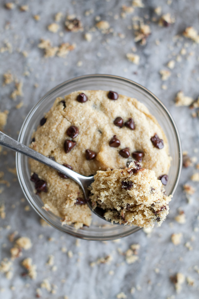 Chocolate Chip Cookie Dough Mug Cake - only two minutes stand between you and this deliciously healthy snack! It's made with NO flour, butter, or oil, but so soft and fluffy that you'd never be able to tell! | runningwithspoons.com #recipe #glutenfree #vegan