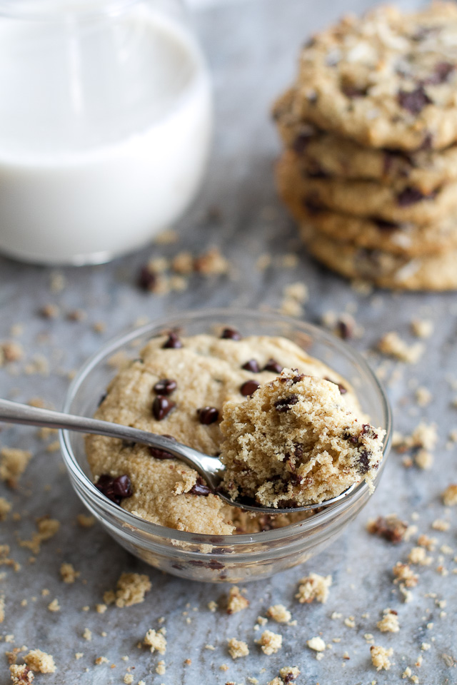 Chocolate Chip Cookie Dough Mug Cake - only two minutes stand between you and this deliciously healthy  snack! It's made with NO flour, butter, or oil, but so soft and fluffy that you'd never be able to tell! | runningwithspoons.com #recipe #glutenfree #vegan