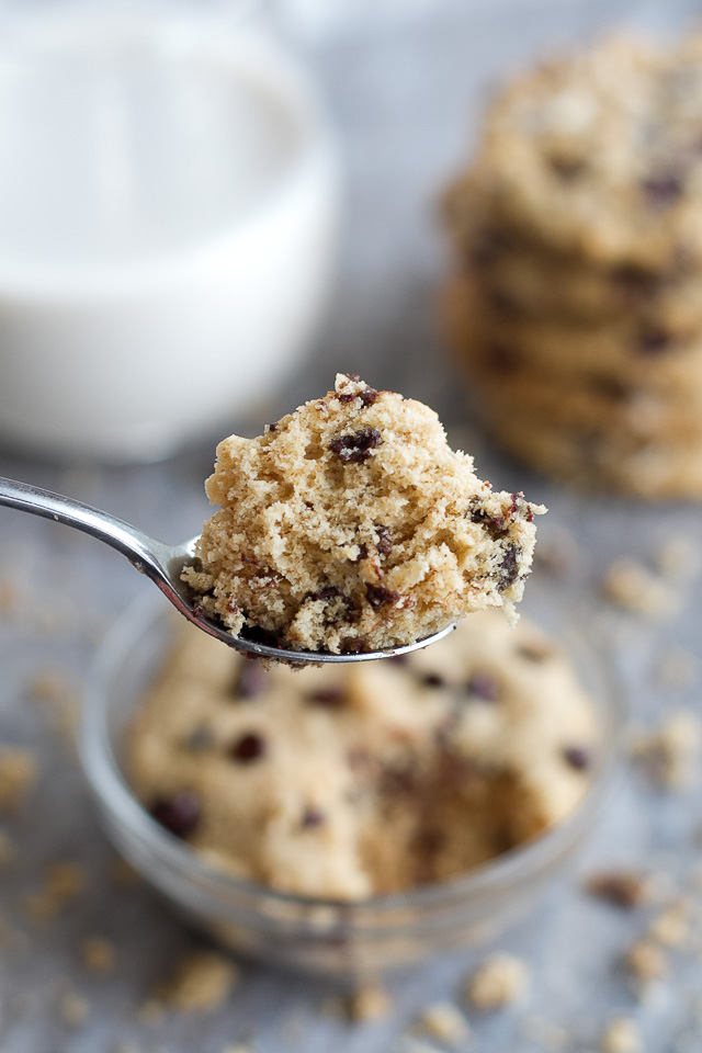 Chocolate Chip Cookie Dough Mug Cake - only two minutes stand between you and this deliciously healthy  snack! It's made with NO flour, butter, or oil, but so soft and fluffy that you'd never be able to tell! | runningwithspoons.com #recipe #glutenfree #vegan