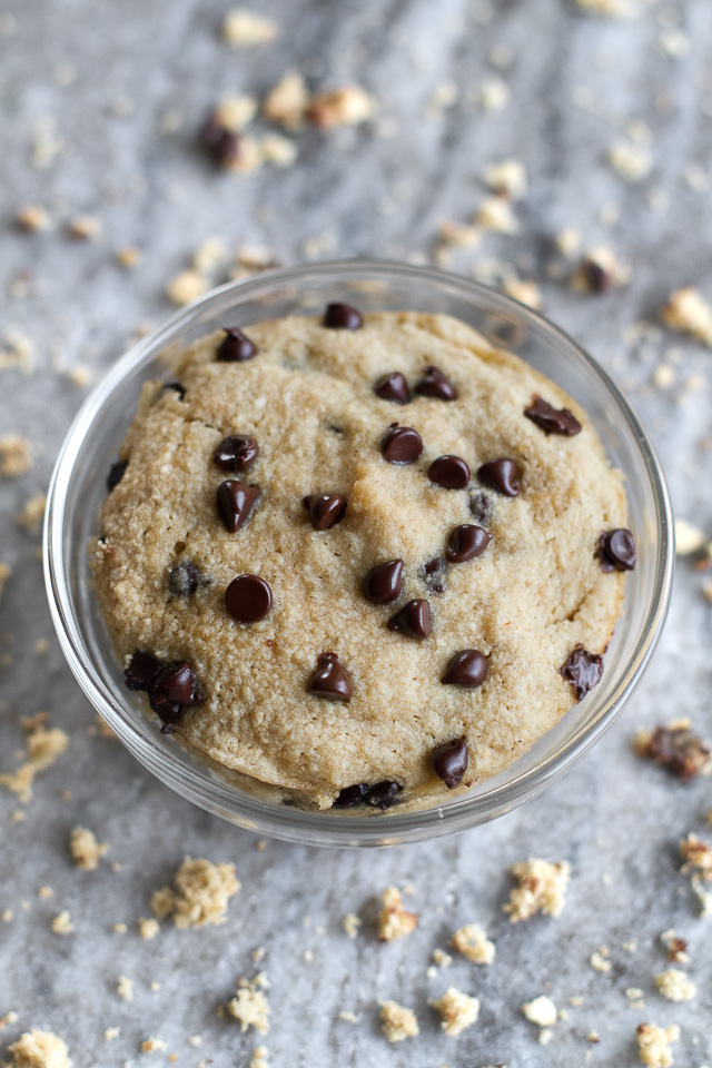 Chocolate Chip Cookie Dough Mug Cake - only two minutes stand between you and this deliciously healthy  snack! It's made with NO flour, butter, or oil, but so soft and fluffy that you'd never be able to tell! | runningwithspoons.com #recipe #glutenfree #vegan