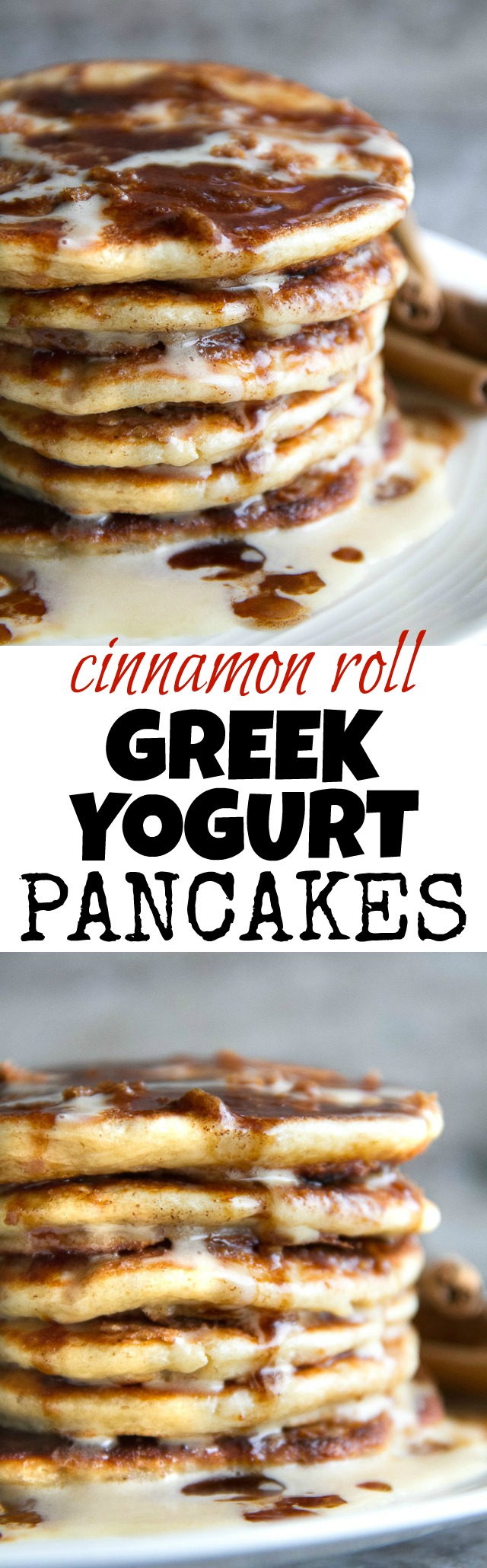 Cinnamon Roll Greek Yogurt Pancakes - these DELICIOUS light and fluffy pancakes taste just like a warm cinnamon roll and will keep you satisfied all morning with over 20g of whole food protein! | runningwithspoons.com #glutenfree #healthy #breakfast