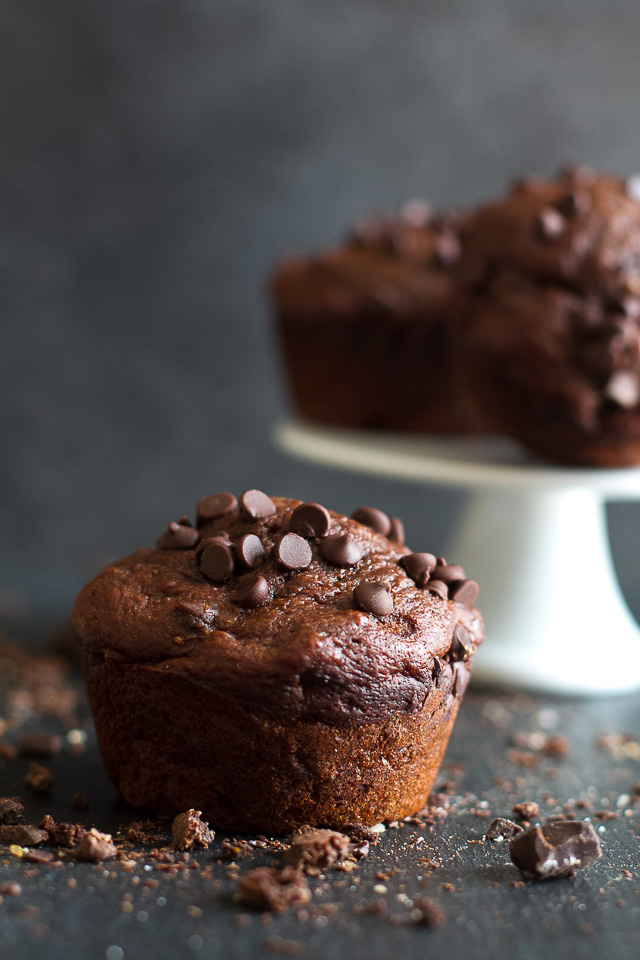 These Healthy Chocolate Lover's Muffins are so tender and flavorful that you'd never guess they're made without any butter, oil, or refined sugar. A healthy and DELICIOUS way to satisfy those chocolate cravings! | runningwithspoons.com #recipe #desserts