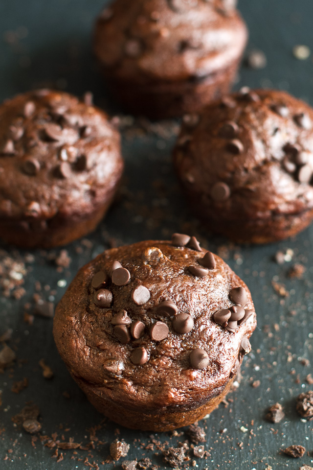 These Healthy Chocolate Lover's Muffins are so tender and flavorful that you'd never guess they're made without any butter, oil, or refined sugar. A healthy and DELICIOUS way to satisfy those chocolate cravings! | runningwithspoons.com #recipe #desserts