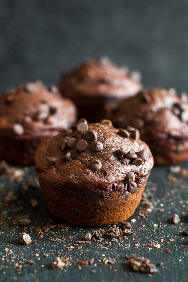 These Healthy Chocolate Lover's Muffins are so tender and flavorful that you'd never guess they're made without any butter, oil, or refined sugar. A healthy and DELICIOUS way to satisfy those chocolate cravings! | runningwithspoons.com #recipe #desserts