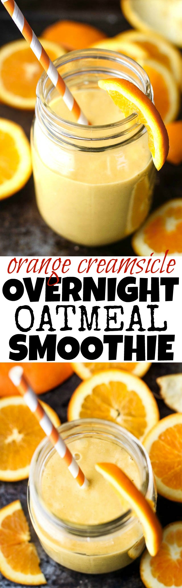 This creamy and refreshing Orange Creamsicle Overnight Oatmeal Smoothie tastes just like a drinkable Creamsicle! Only BETTER because it's vegan, refined-sugar-free, and packed with vitamins! | runningwithspoons.com #healthy #recipe #breakfast