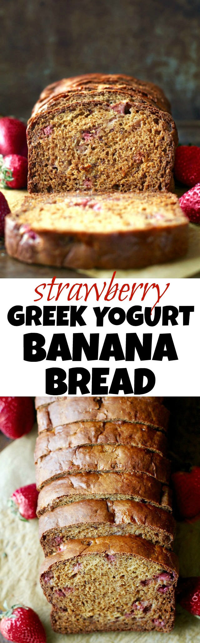 Strawberry Greek Yogurt Banana Bread -- soft, tender, and loaded with strawberries and banana in each bite! You'd never be able to tell it's made without butter or oil! | runningwithspoons.com #recipe #healthy