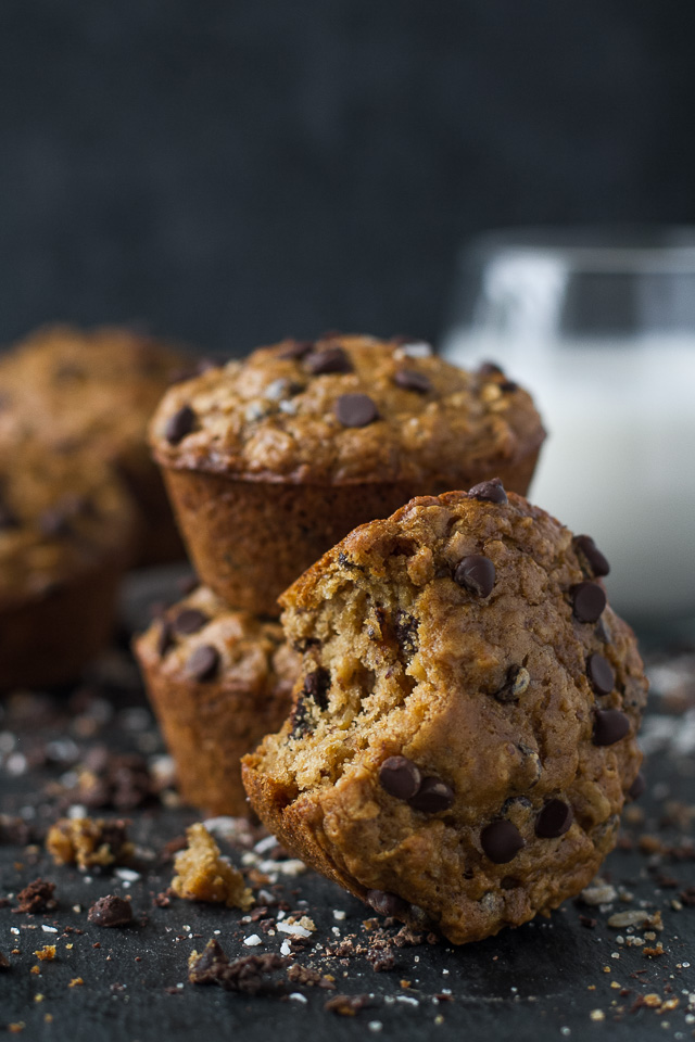 Chocolate Chip Oatmeal Cookie Muffins - the best of both worlds with the delicious taste of a chocolate chip cookie and the soft and tender texture of a muffin! They're vegan, oil-free, and 100% ridiculously delicious! | runningwithspoons.com #recipe #healthy