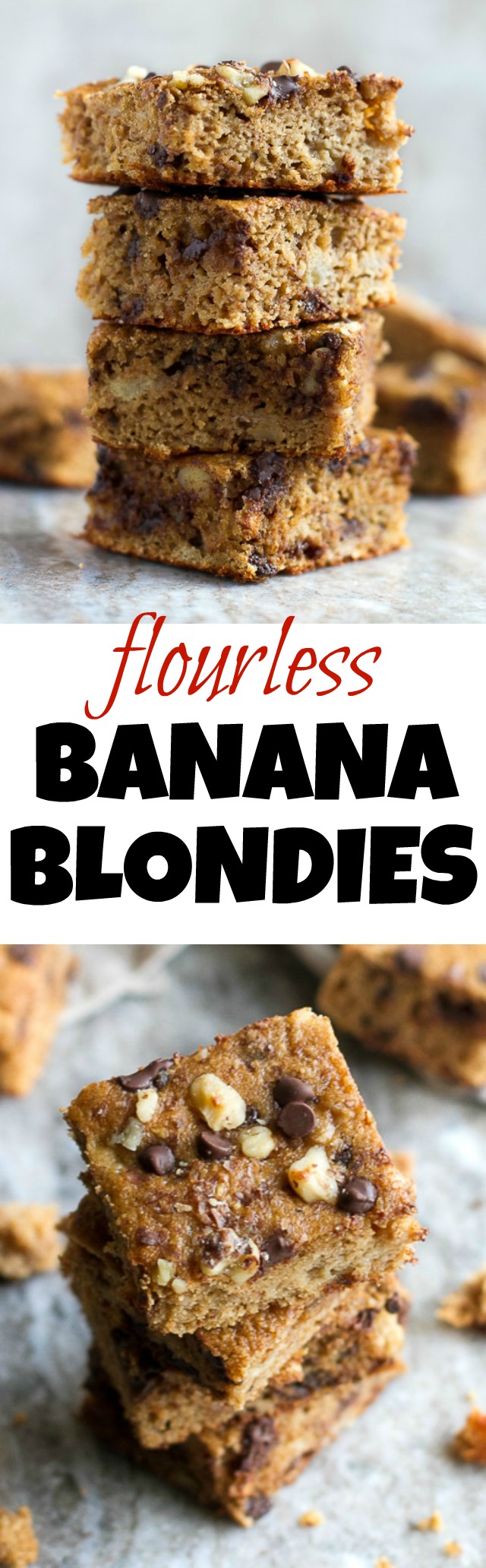 You won't find any flour, butter, or oil in these ridiculously soft and tender Flourless Banana Blondies! They're naturally gluten-free, and come out to less than 100 delicious calories per serving! | runningwithspoons.com #recipe #healthy #desserts