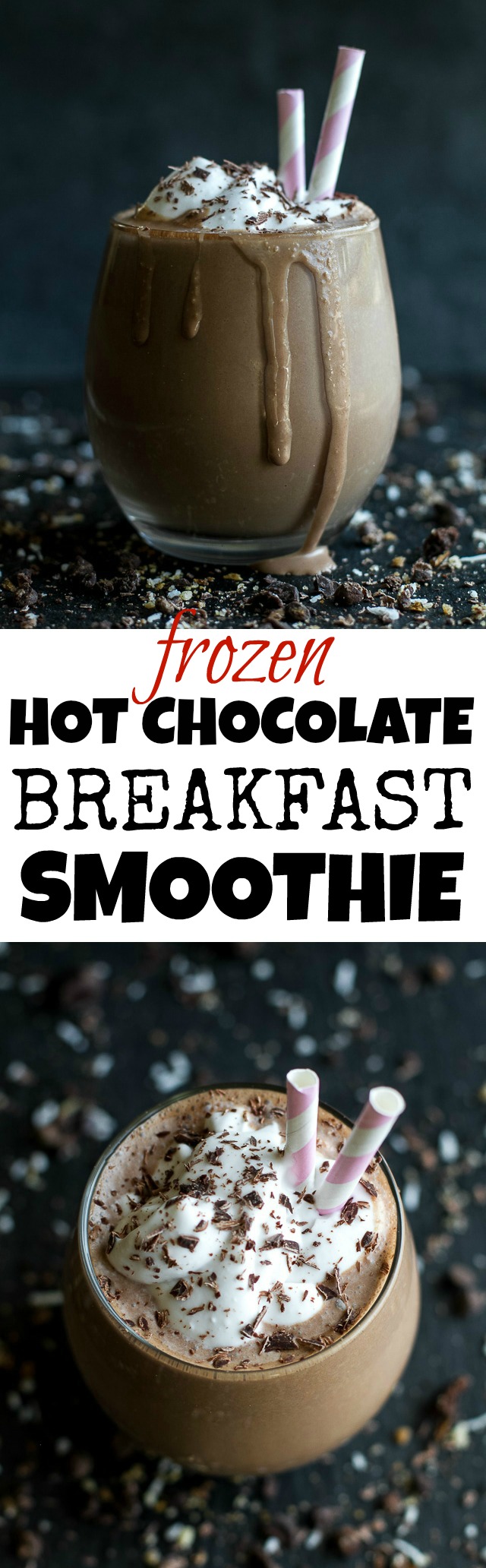 Frozen Hot Chocolate Breakfast Smoothie -- cool, creamy, and sure to keep you satisfied for hours! This delicious vegan smoothie is nutritious enough to enjoy for breakfast and decadent enough to crave for dessert | runningwithspoons.com #recipe #healthy