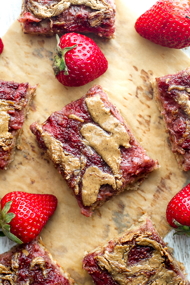 These DELICIOUS Almond Butter and Jelly Banana Bread Bars are SO soft, tender, and flavorful that you'd never believe they're made without any flour, oil, or refined sugar! | runningwithspoons.com #vegan #glutenfree #healthy #recipe