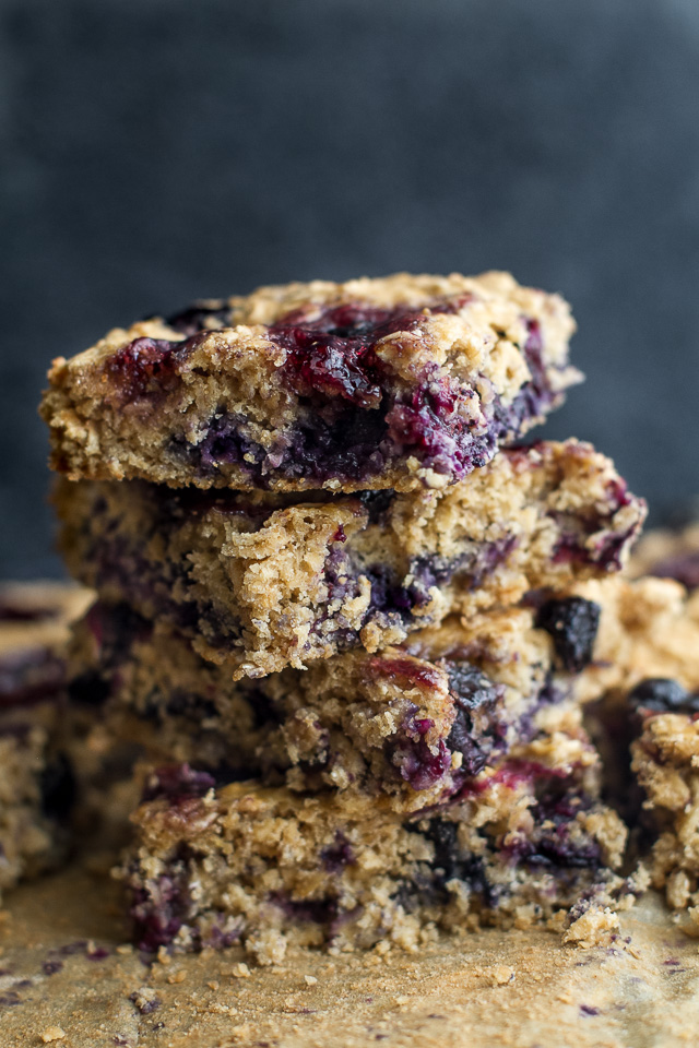 Double Blueberry Muffin Bars - the light and fluffy texture of a muffin in an easy-to-make vegan and gluten-free bar that's perfect as a breakfast or snack! | runningwithspoons.com #recipe #healthy