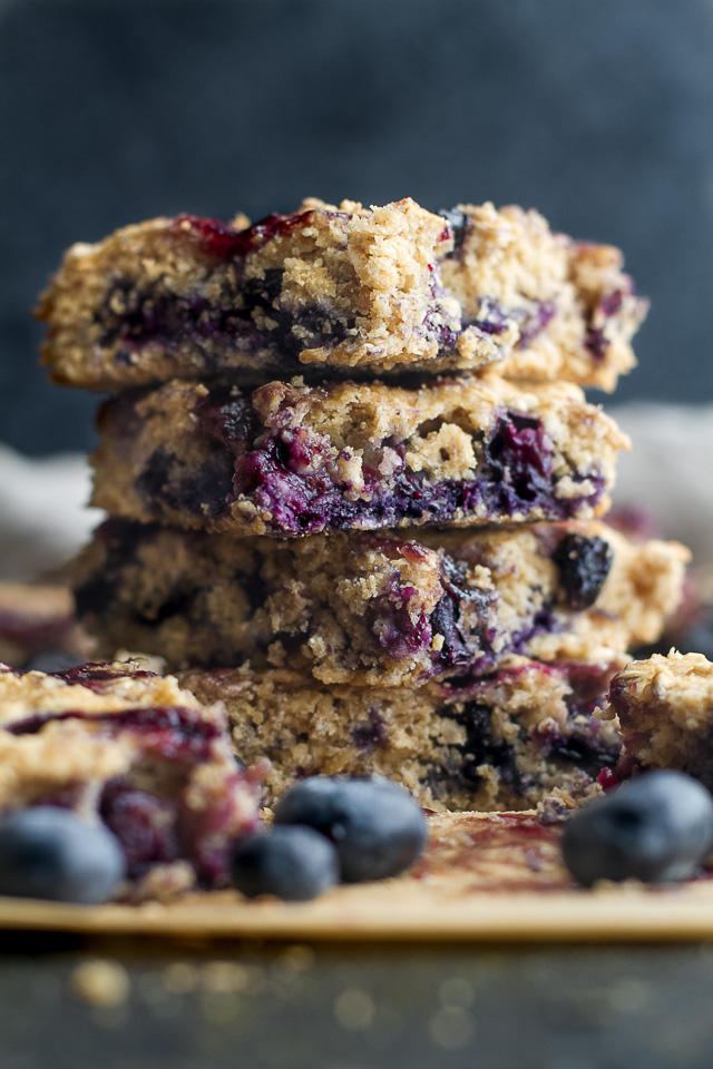 Double Blueberry Muffin Bars - the light and fluffy texture of a muffin in an easy-to-make vegan and gluten-free bar that's perfect as a breakfast or snack! | runningwithspoons.com #recipe #healthy