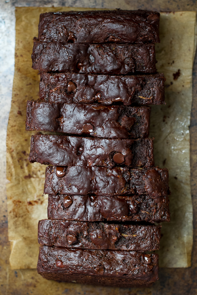 Double Chocolate Zucchini Banana Bread - zucchini, bananas, and Greek yogurt keep this loaf extra soft without the need for any added butter or oil! This bread is so tender and flavourful, you'd never guess it's healthy! | runningwithspoons.com #recipe #desserts