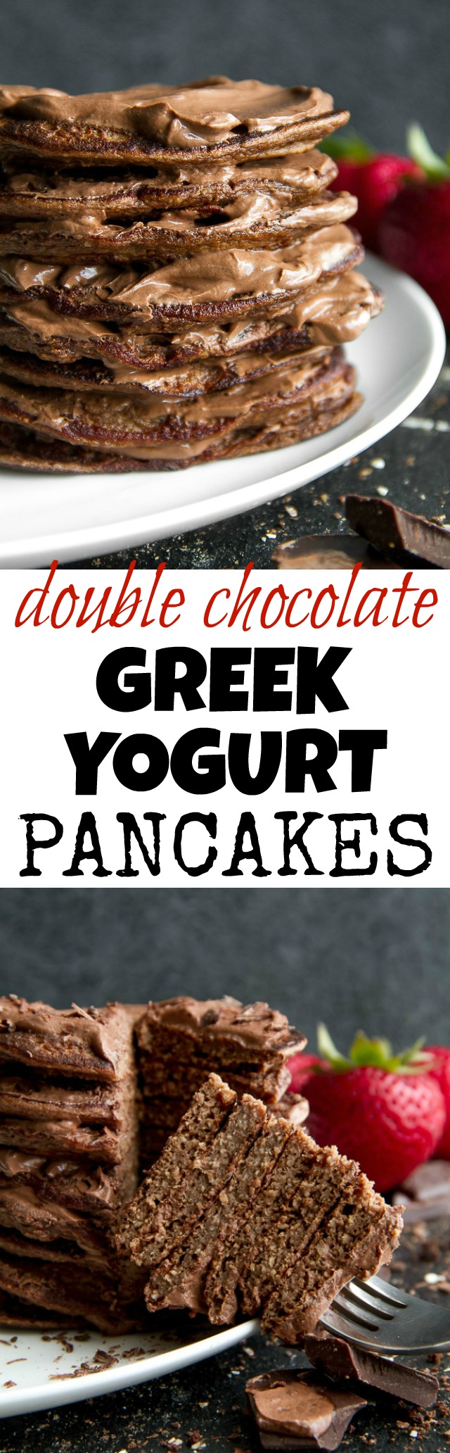 Healthy Double Chocolate Greek Yogurt Pancakes - light, fluffy, and loaded with chocolate flavour! These healthy blender pancakes will keep you satisfied all morning with over 26g of whole food protein. | runningwithspoons.com #recipe #glutenfree #breakfast