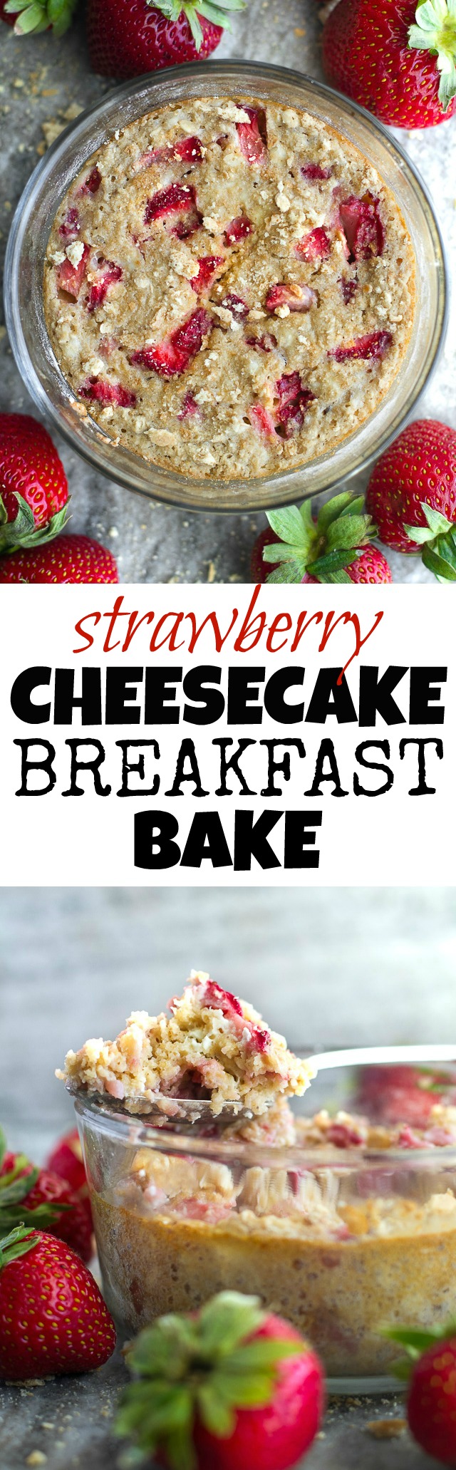 Strawberry Cheesecake Breakfast Bake - loaded with the delicious sweet and tangy flavour of a cheesecake, while boasting the awesome nutritional value of a baked oats. It's like having dessert for breakfast! | runningwithspoons.com #recipe #glutenfree #vegan