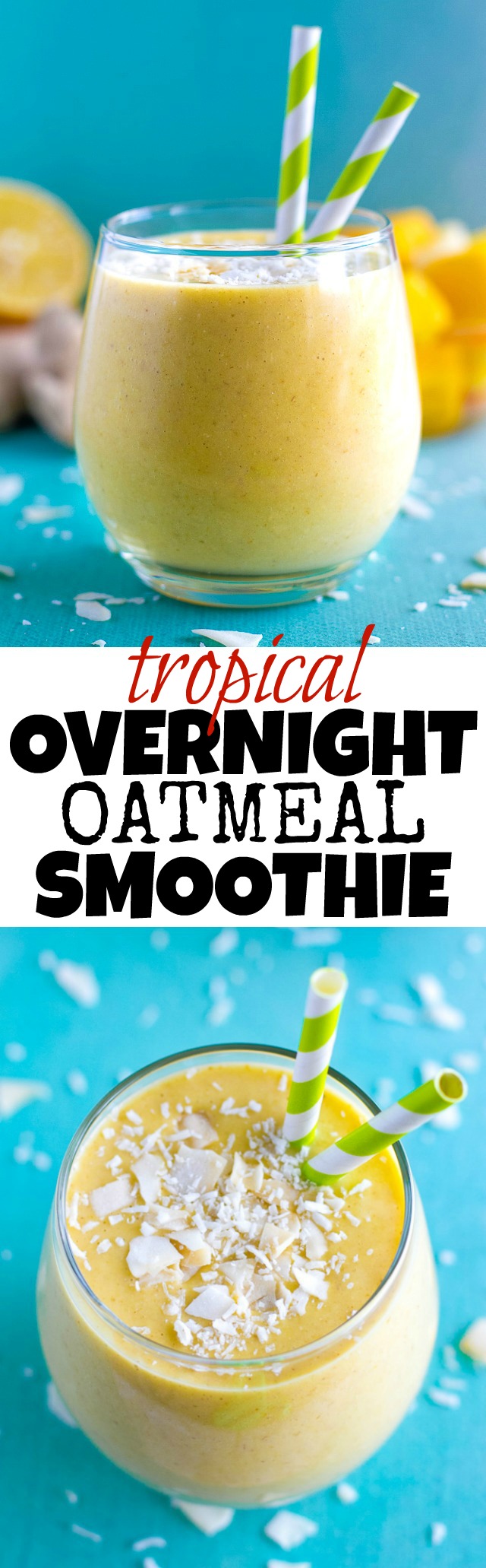 Tropical Overnight Oatmeal Smoothie - the mouthwatering flavours of mango, pineapple, and coconut in a refreshing gluten-free and vegan smoothie that makes a perfect breakfast or snack! | runningwithspoons.com #recipe #healthy