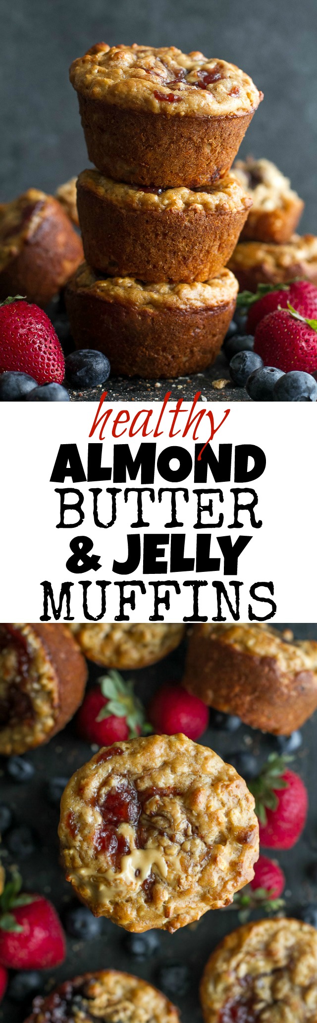 You won't find any butter or oil in these healthy Almond Butter & Jelly Muffins! The recipe calls for Greek yogurt to keep them soft and tender, with swirls of almond butter and jelly to add tonnes of flavour. | runningwithspoons.com