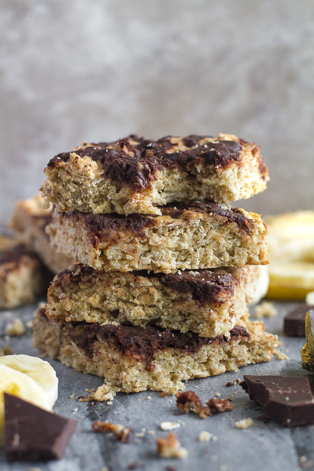 Chocolate Swirl Banana Oat Breakfast Bars - light and fluffy banana oat bars topped with a fudgy chocolate swirl that's healthy enough to enjoy for breakfast! | runningwithspoons.com #recipe #vegan #glutenfree