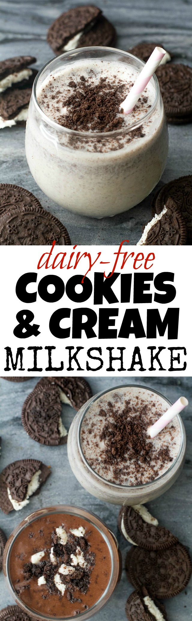 Dairy-Free Cookies & Cream Milkshake - so ridiculously rich and creamy that you'd never it was vegan. The perfect summer treat with a little boost of nutrition and a chocolate option too! | runningwithspoons.com #SoDeliciousDairyFree #ad