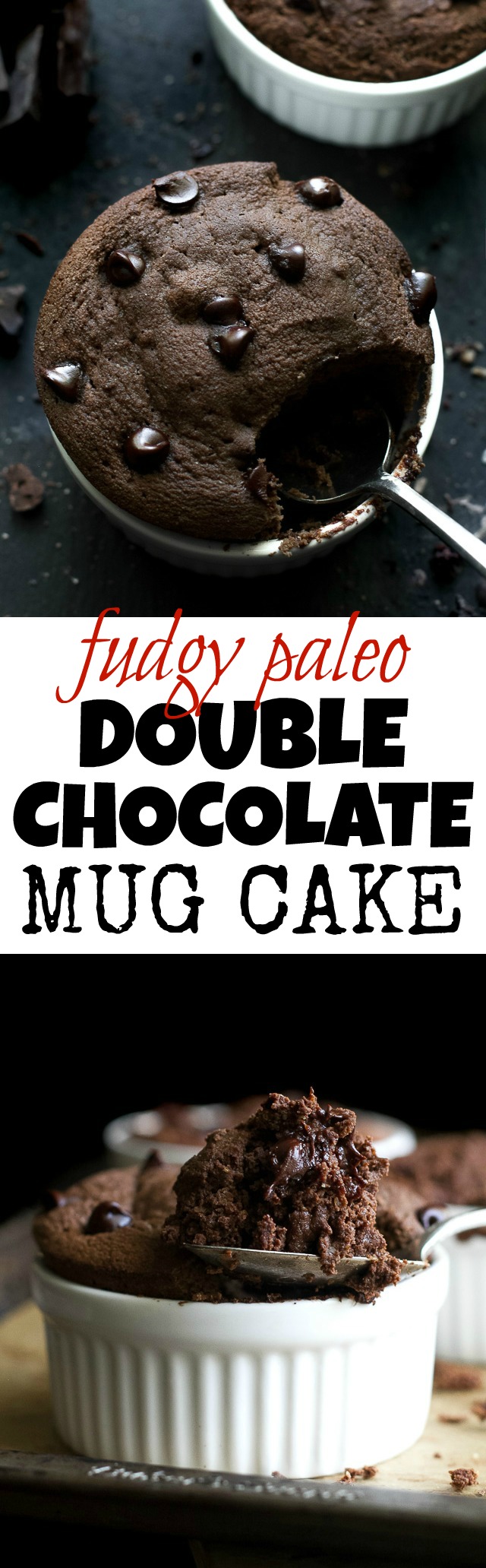 Fudgy Double Chocolate Mug Cake - satisfy those chocolate cravings in a healthy way with this paleo mug cake! Ready in 5 minutes, it makes for a delicious grain-free treat that everyone will love| runningwithspoons.com