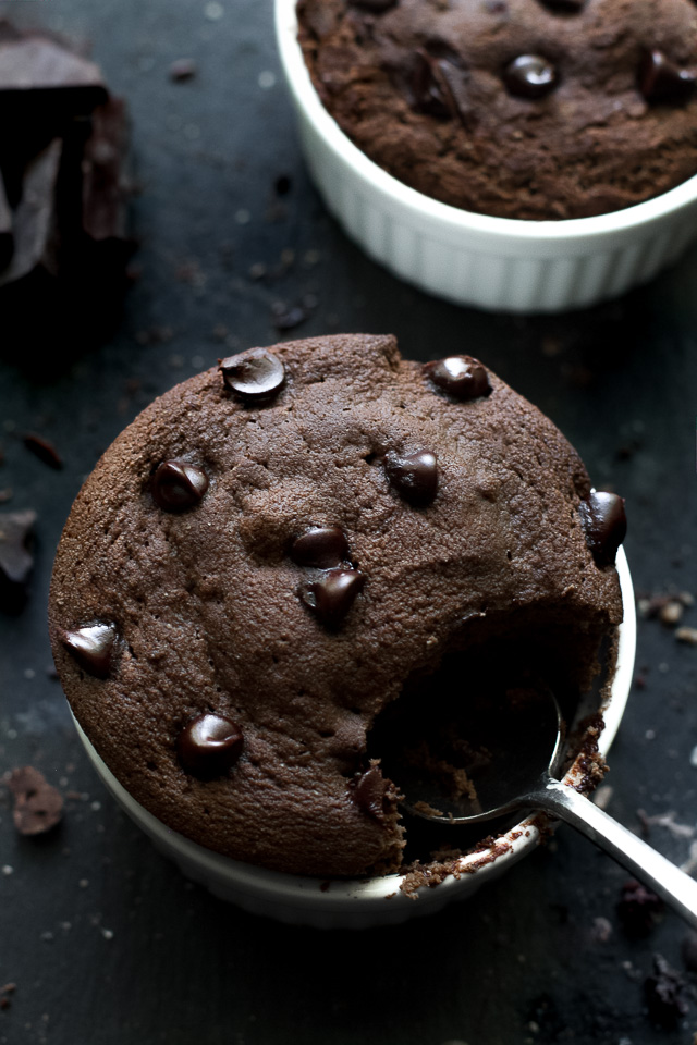 Fudgy Double Chocolate Mug Cake - satisfy those chocolate cravings in a healthy way with this paleo mug cake! Ready in 5 minutes, it makes for a delicious grain-free treat that everyone will love| runningwithspoons.com