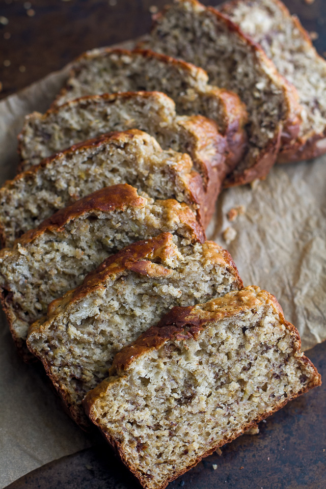 Sliced Greek Yogurt Banana Oat Bread laid out on a baking pan.