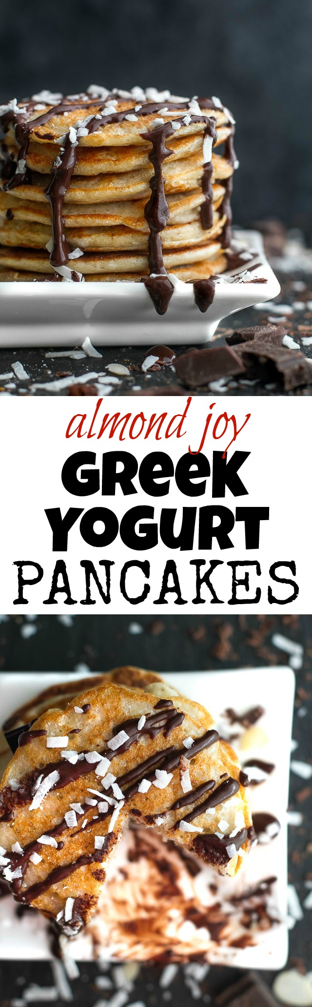 These healthy Almond Joy Greek Yogurt Pancakes are sure to keep you satisfied all morning with over 20g of whole food protein! | runningwithspoons.com