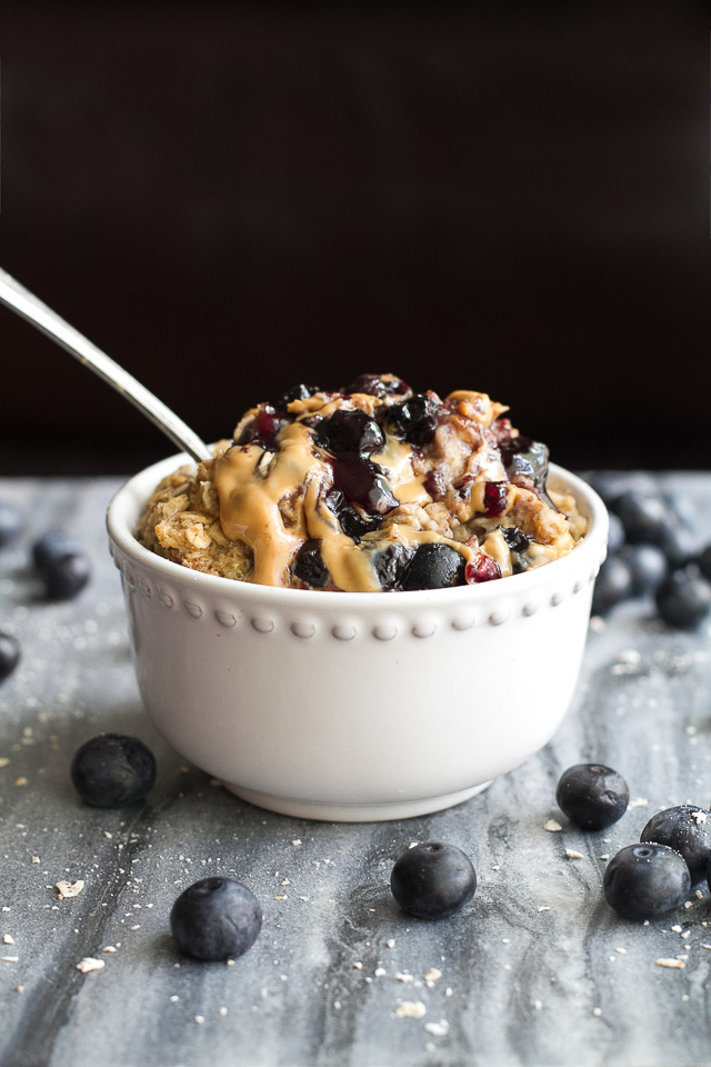 Baked AB&J French Toast Oatmeal - guaranteed to get you out of bed in the morning with it's soft, fluffy, and slightly ooey, gooey texture! This recipe is vegan, easily made gluten-free, and loaded with AB&J (or PB&J) flavour in every bite! | runningwithspoons.com