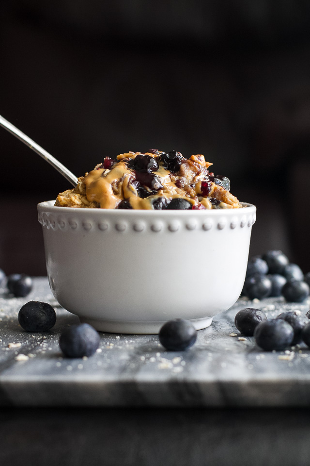 Baked AB&J French Toast Oatmeal - guaranteed to get you out of bed in the morning with it's soft, fluffy, and slightly ooey, gooey texture! This recipe is vegan, easily made gluten-free, and loaded with AB&J (or PB&J) flavour in every bite! | runningwithspoons.com