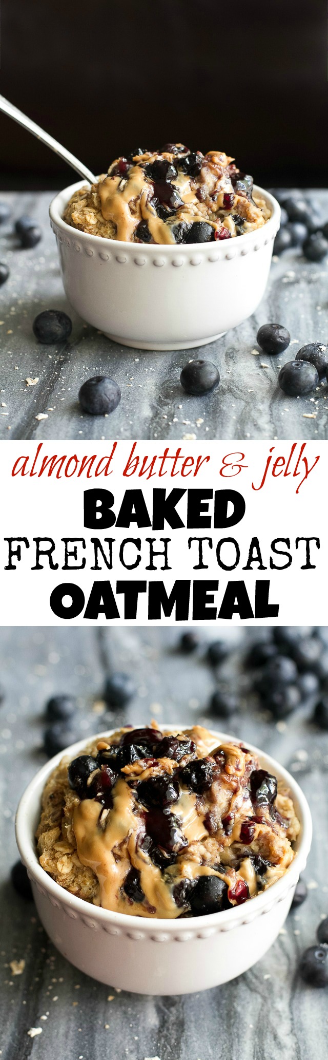 Baked AB&J French Toast Oatmeal - guaranteed to get you out of bed in the morning with it's soft, fluffy, and slightly ooey, gooey texture! This recipe is vegan, easily made gluten-free, and loaded with AB&J (or PB&J) flavour in every bite! | runningwithspoons.com