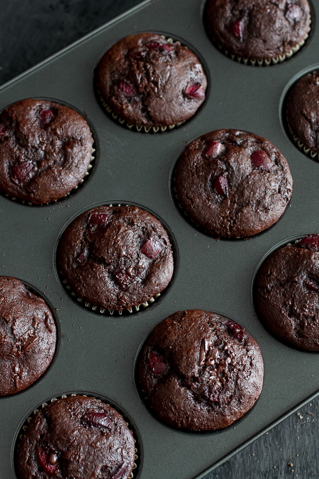 Chocolate Cherry Greek Yogurt Muffins - so decadently delicious that you'd never believe they're naturally sweetened and made without any butter or oil! | runningwithspoons.com