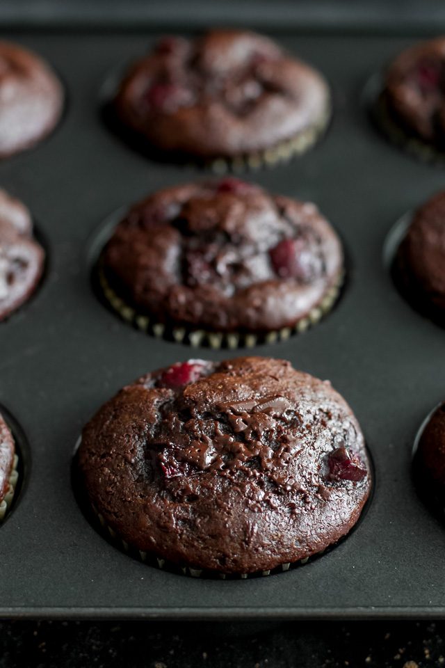 Chocolate Cherry Greek Yogurt Muffins - so decadently delicious that you'd never believe they're naturally sweetened and made without any butter or oil! | runningwithspoons.com