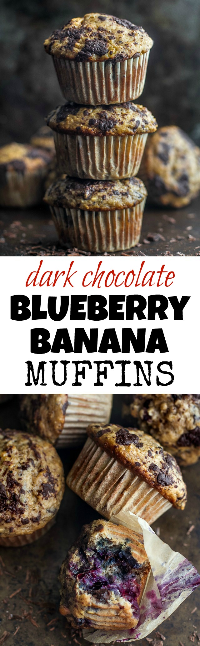 You won't find any butter or oil in these Dark Chocolate Blueberry Banana Oat Muffins! Just plenty of chocolate and blueberry flavour in a healthy soft and tender banana oat muffin | runningwithspoons.com