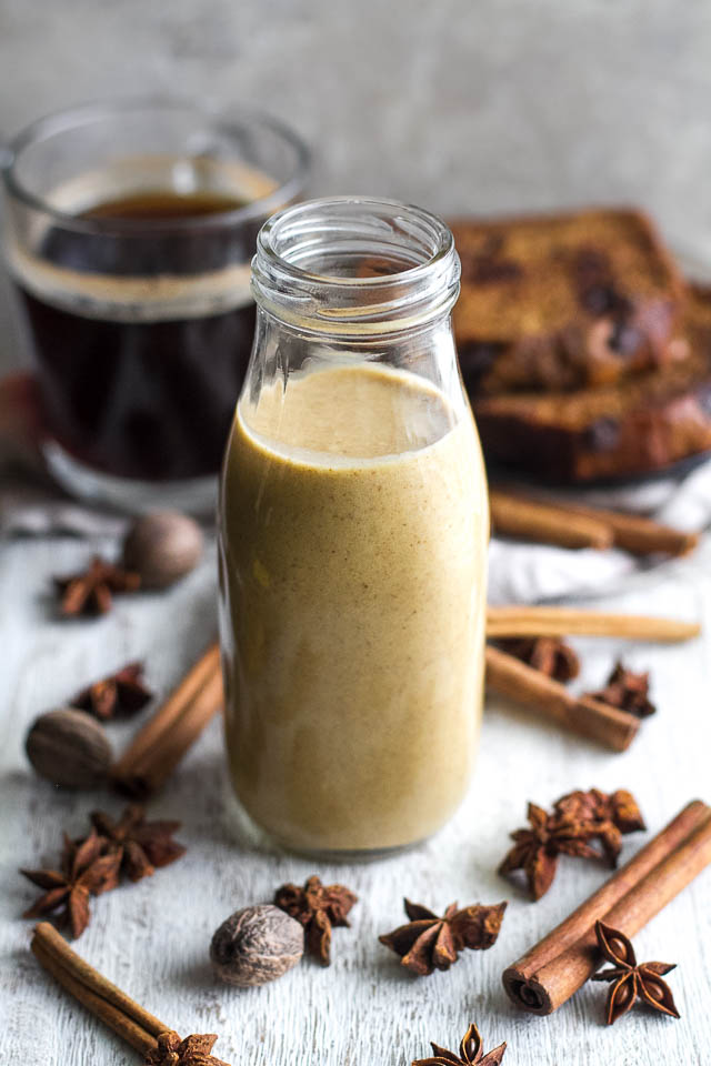 This naturally sweetened, Dairy Free Pumpkin Spice Coffee Creamer is a healthy alternative to store-bought creamers! It's vegan, paleo-friendly, refined-sugar-free, and tastes AMAZING! | runningwithspoons.com