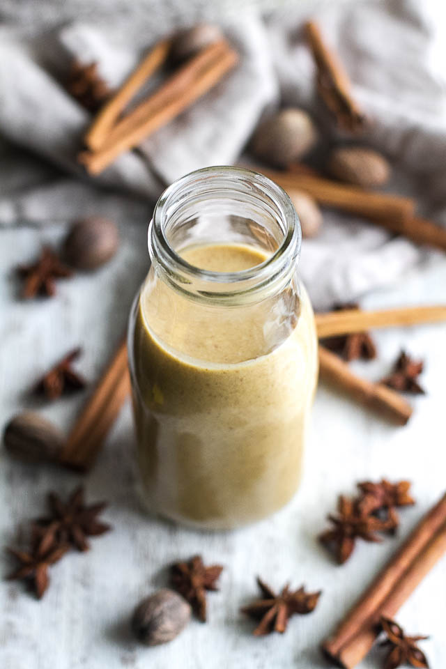 This naturally sweetened, Dairy Free Pumpkin Spice Coffee Creamer is a healthy alternative to store-bought creamers! It's vegan, paleo-friendly, refined-sugar-free, and tastes AMAZING! | runningwithspoons.com